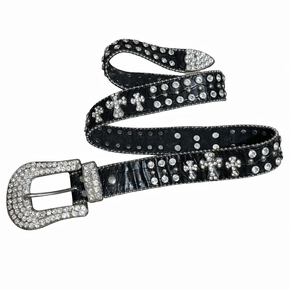 Large Nocona Black Leather Rhinestone Cross Belt | Western Bling | Size 35"-39" - Picture 2 of 6